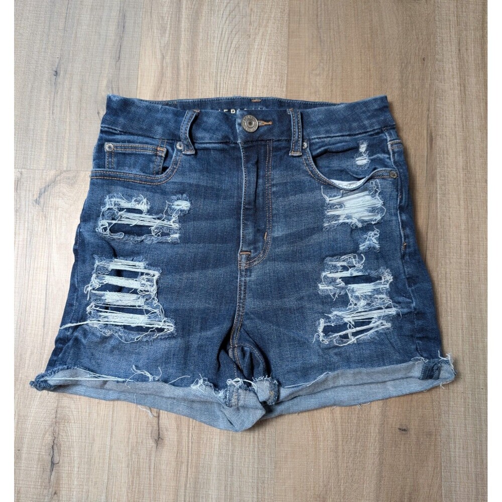American Eagle Curvy Hi Rise Shortie Size 2 Blue Denim Distressed Stretch